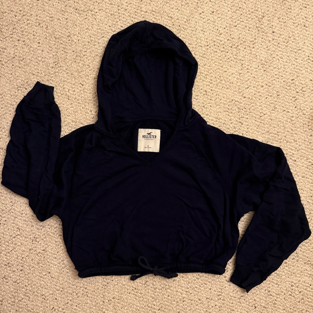 Cropped Hollister Navy Blue Hoodie with Embroidered Logo